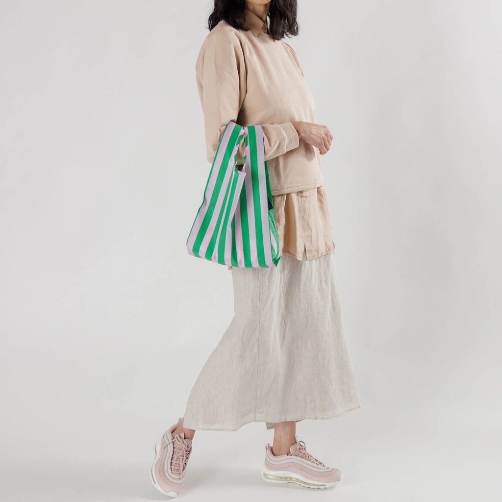 Pink Green Awning Stripe Small Reusable Tote Bag 