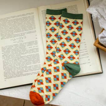 Cotton Socks | Fun Patterns | Rainbow Unicorn Birthday Surprise | Red Blue Lattace | Golden Rule Gallery | Excelsior, MN |