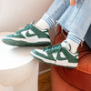Model Wearing Le Bon Shoppe Blue Ivory Girlfriend Socks with Green Sneakers