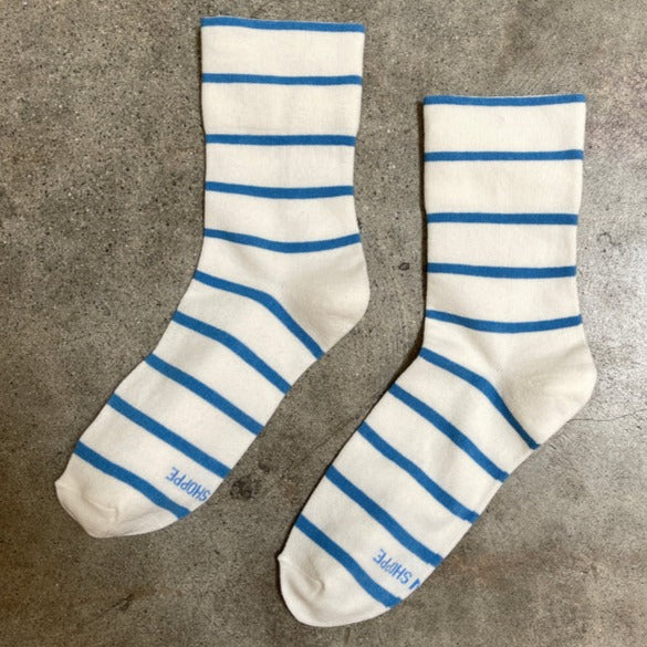 Ciel Blue Wally Stripe Sneaker Socks by Le Bon Shoppe at Golden Rule Gallery