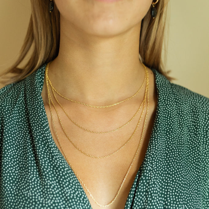 Layering chain lengths | Dainty Gold Layering Chains on Model | 1.3 MM Gold Chain | 14KT Gold Necklace Chain | Gold Chain for Layering | Golden Rule Gallery | Excelsior, MN | Protextor Parrish Jewelry | Minnesota Artists | MN Made Jewelry