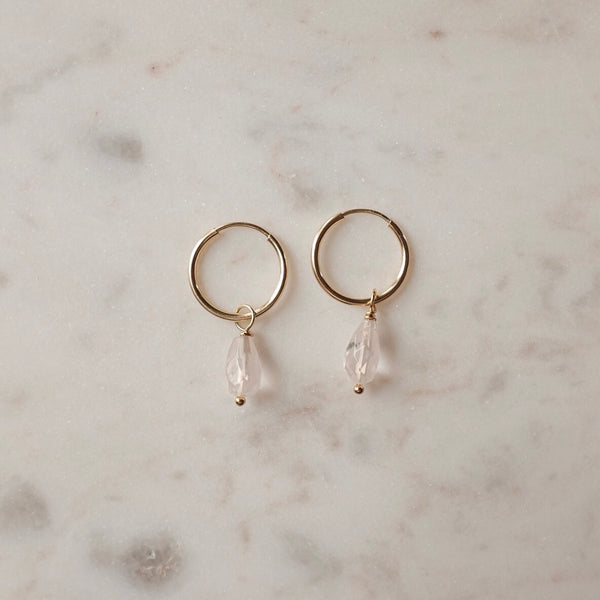 Rose Quartz and Gold Hoop Earrings | Dainty Rose Quartz Earrings | Minimal Hoop Earrings | Protextor Parrish Jewelry | Minnesota Artists | MPLS Based Jewelry | Golden Rule Gallery | Excelsior, MN