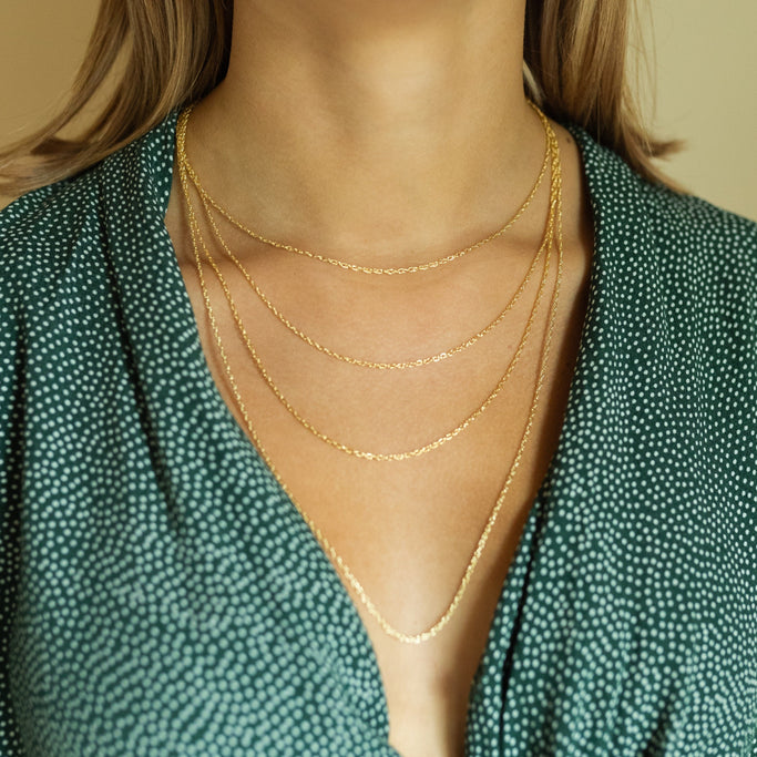Dainty Gold Layering Chains on Model | 1.3 MM Gold Chain | 14KT Gold Necklace Chain | Gold Chain for Layering | Golden Rule Gallery | Excelsior, MN | Protextor Parrish Jewelry | Minnesota Artists | MN Made Jewelry