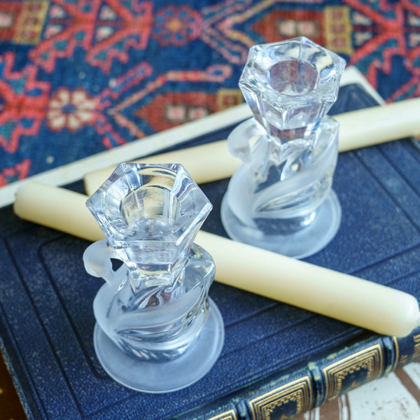 Two Crystal Glass Swan Taper Candle Holders on Books