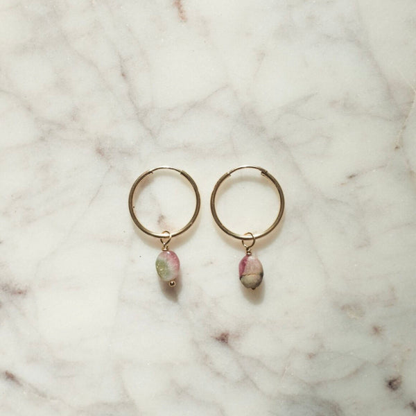 Rainbow Tourmaline Gold Hoops | Protextor Parrish | Golden Rule Gallery | Minnesota Artists | MN Made Jewelry | Golden Rule Gallery 