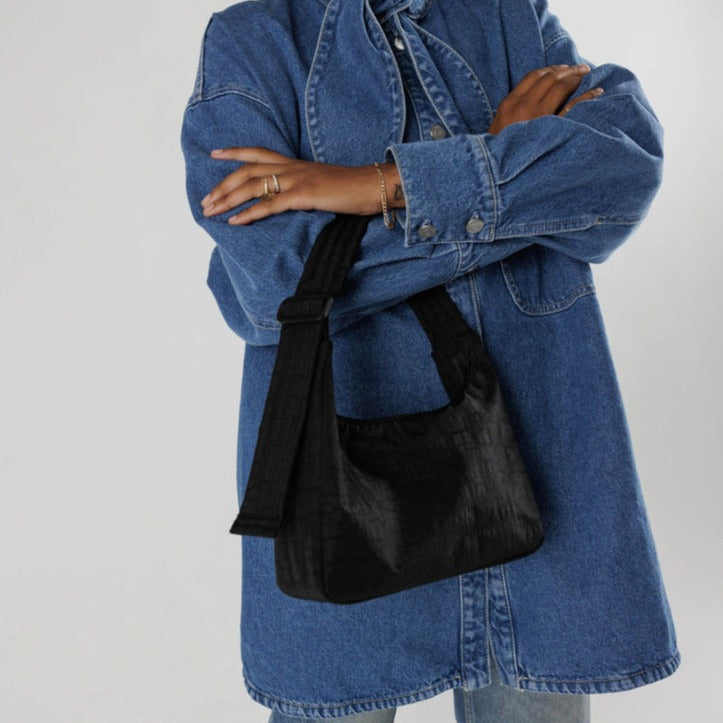Model Posed With Black Baggu Mini Nylon Shoulder Bag