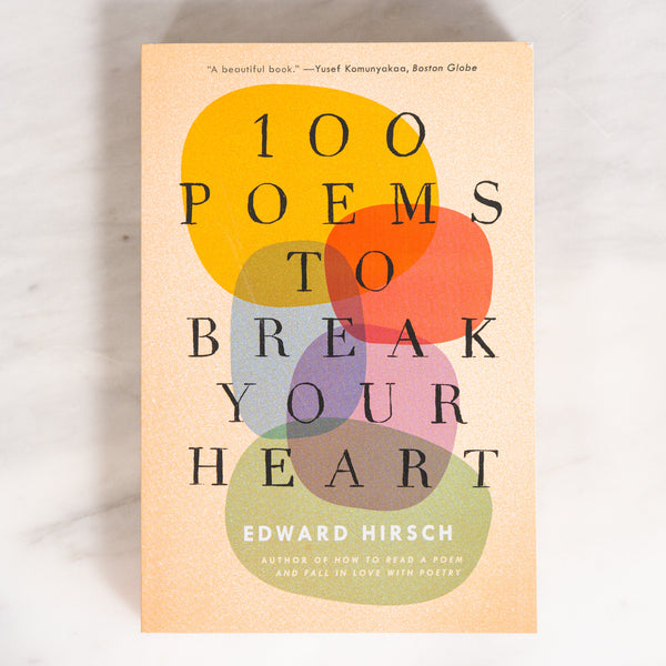 Book cover of '100 Poems to Break Your Heart' by Edward Hirsch with colorful circles on a light background