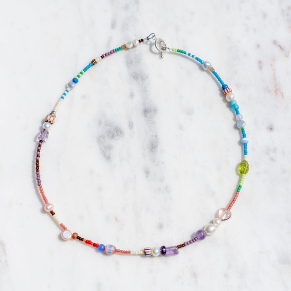 Necklace with Vintage Colored Glass, Beads, and Pearls