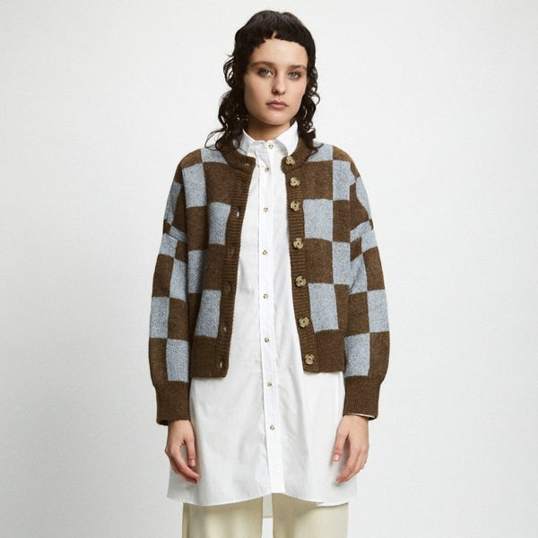 Brown and Blue Checker Cardigan Sweater with Mohair