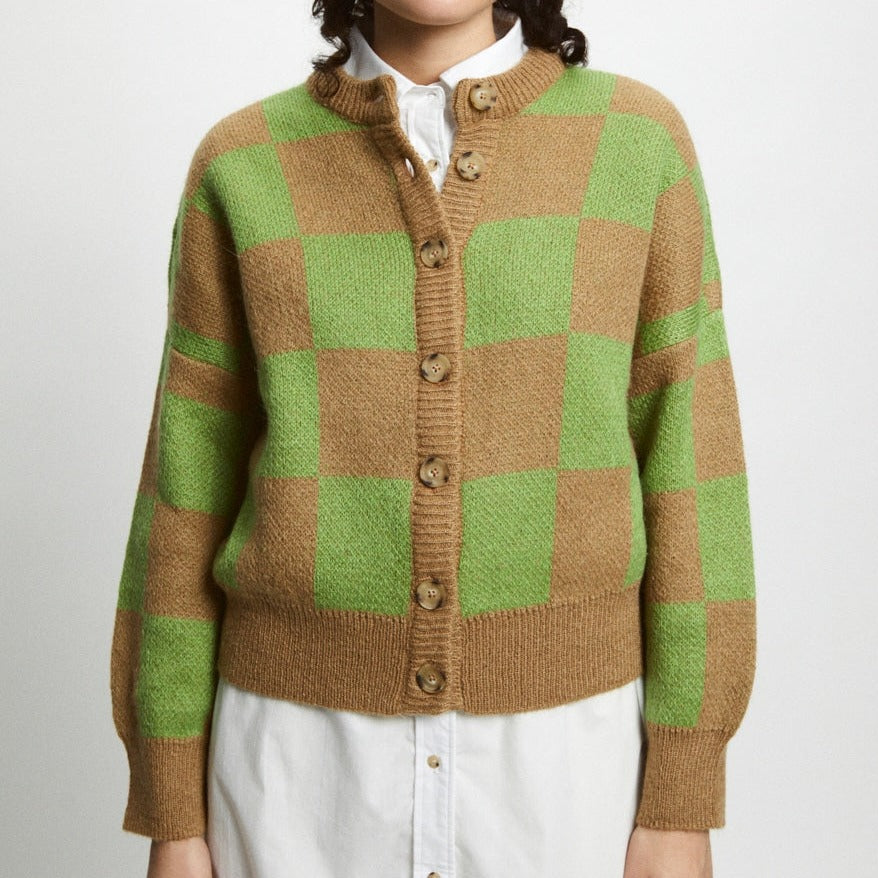Ethically Made Elle Cardigan in Camel and Green Checkers