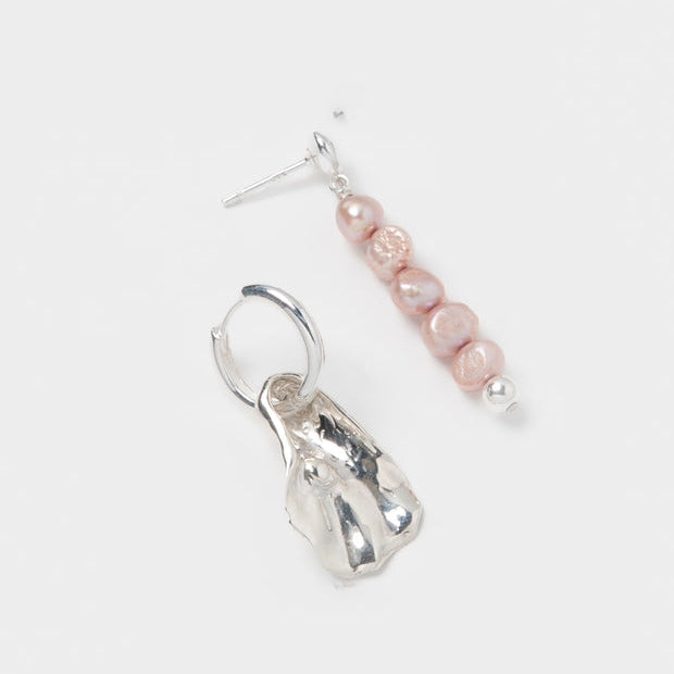 Mismatch 925 Sterling Silver Shell Hoop and Freshwater Pink Pearl Earrings