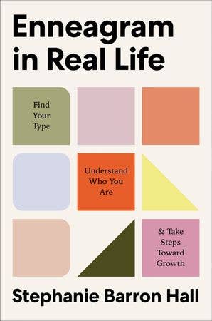 Book cover of 'Enneagram in Real Life' by Stephanie Barron Hall with colorful square design elements.