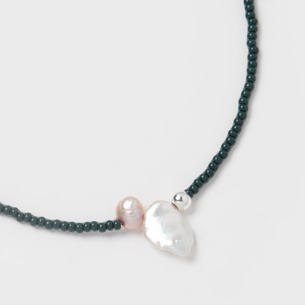Dark Green Beaded Necklace With Pink and White Freshwater Pearls and a 925 Sterling Silver Bead