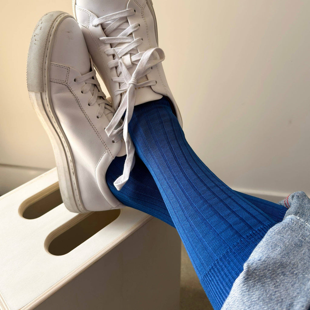 Blue Ribbed Tall Socks for Men at Golden Rule Gallery