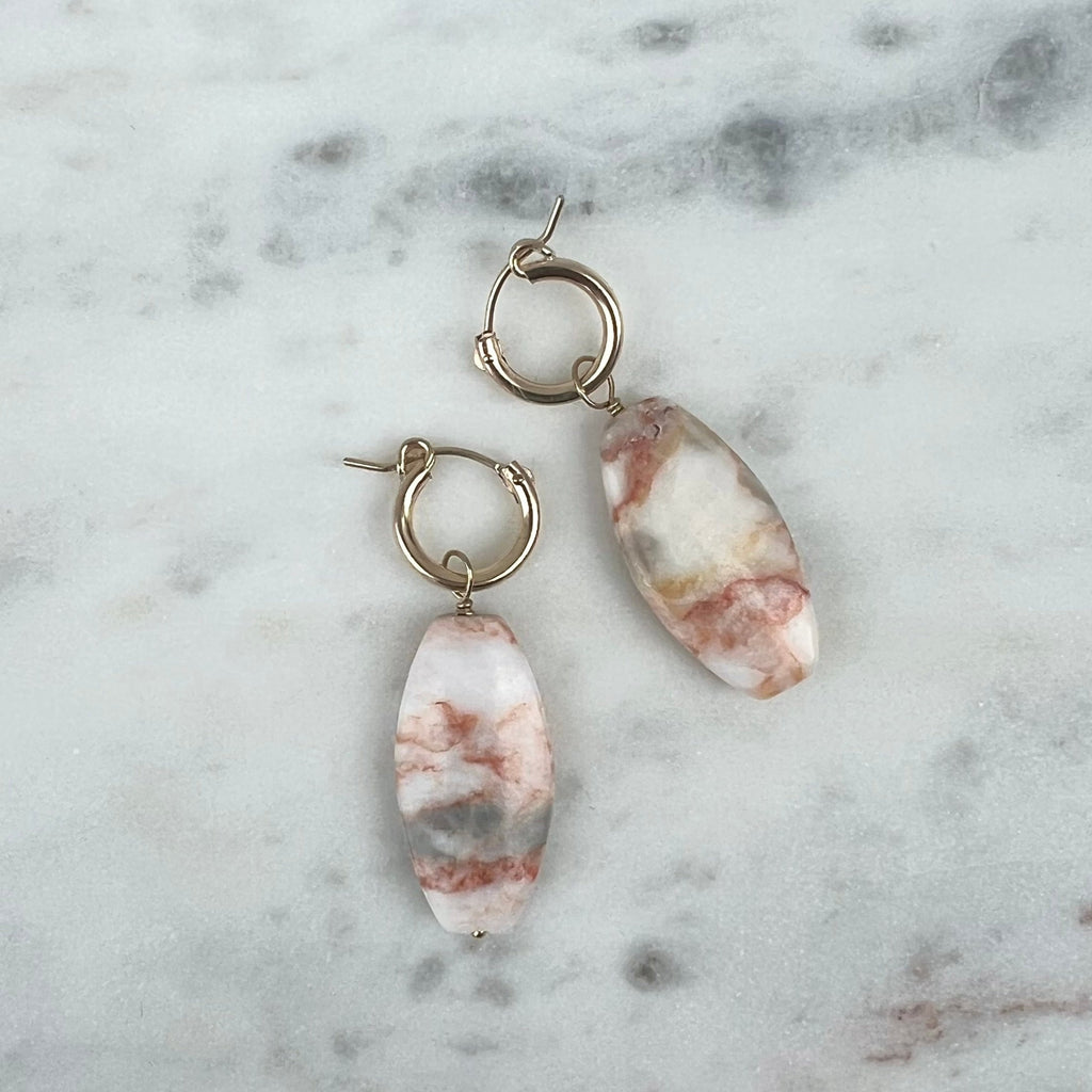 Red Line Marble Stone and Gold Hoop Earrings