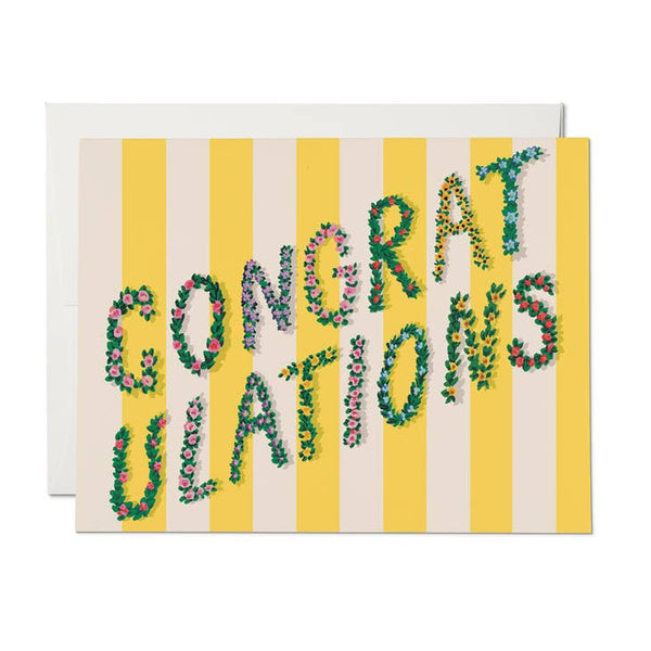 Yellow Stripes Congrats Card | Floral Greeting Card | Illustrated by Danielle Kroll | Red Cap Cards | Congratulations Card | Greeting Card | Golden Rule Gallery | Excelsior, MN
