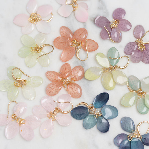 Real Flower Hydrangea Petal Handmade Earrings Available at Golden Rule Gallery in Excelsior, Minnesota