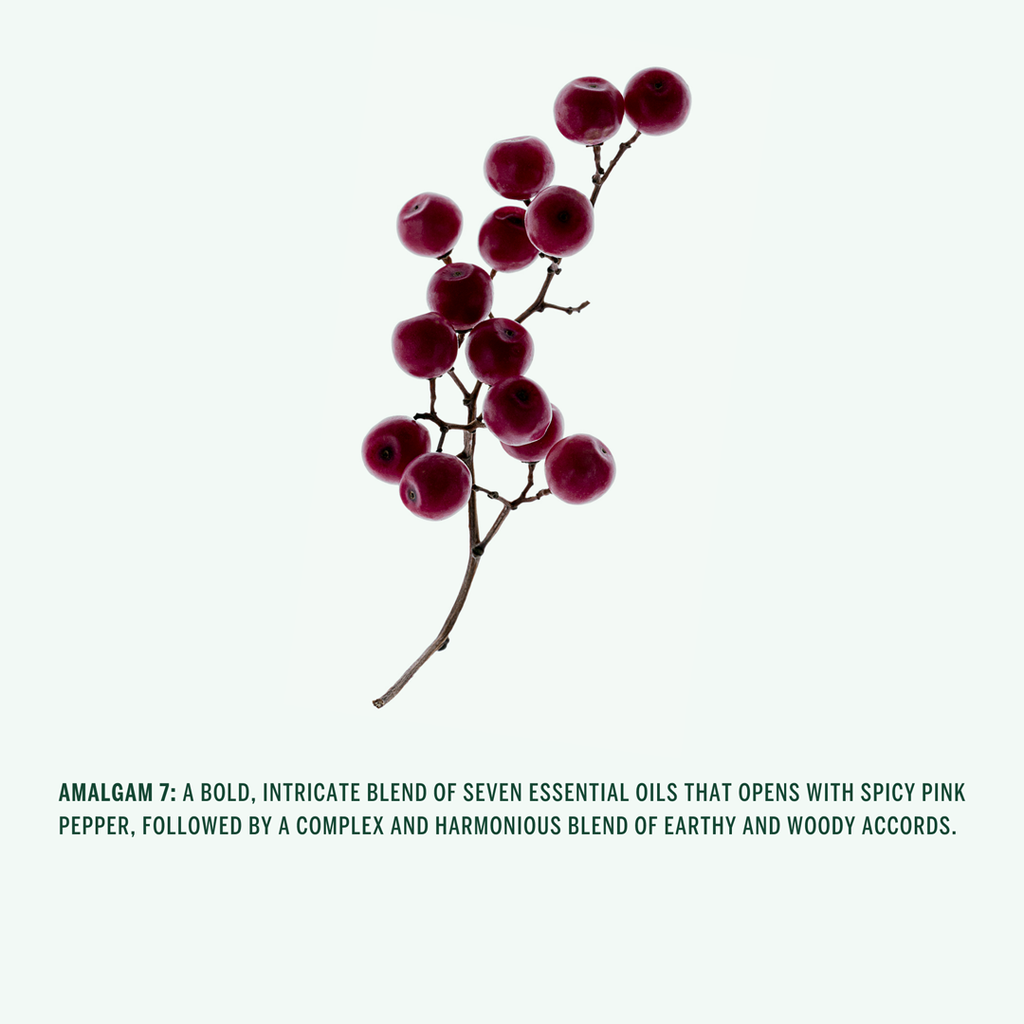 Branch of dark berries on a white background with descriptive text about Corpus hand cream blend.