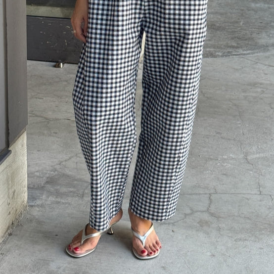 Navy Gingham Canvas Pants With Elastic Waistband Found at Golden Rule Gallery in Excelsior, Minnesota