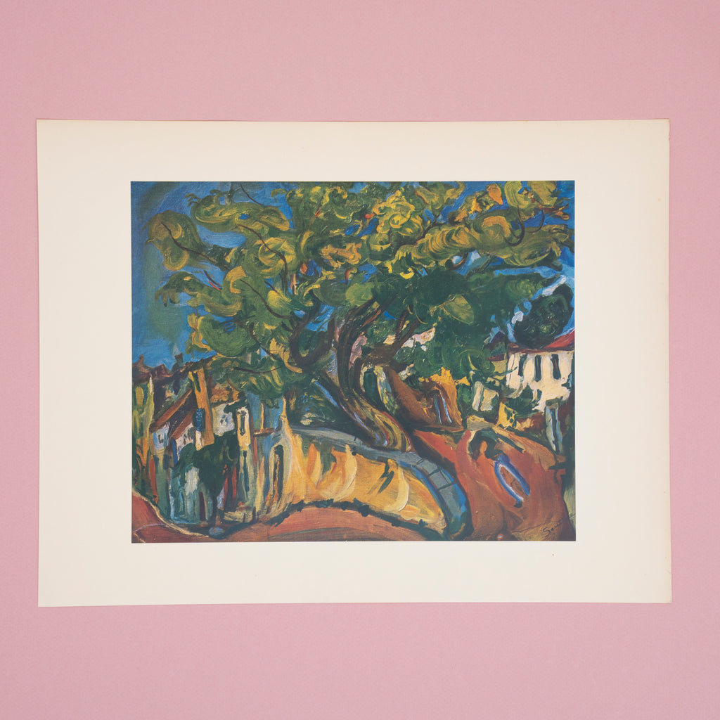 Print artwork of a stylized landscape with a large tree on a pink wall.