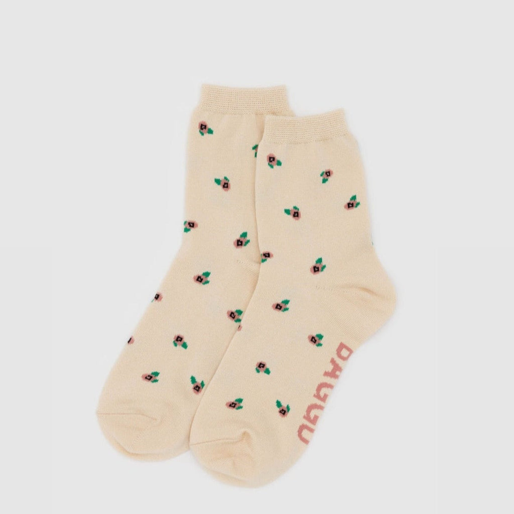 Baggu Cream Floral Pattern Crew Socks