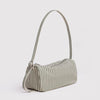 Striped handbag with a thin shoulder strap on a light gray background