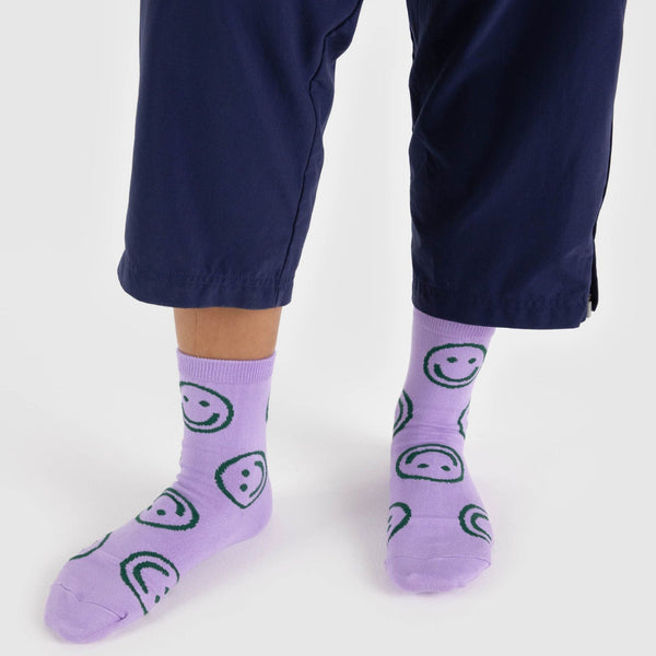 Baggu Purple Smiley Face Crew Socks