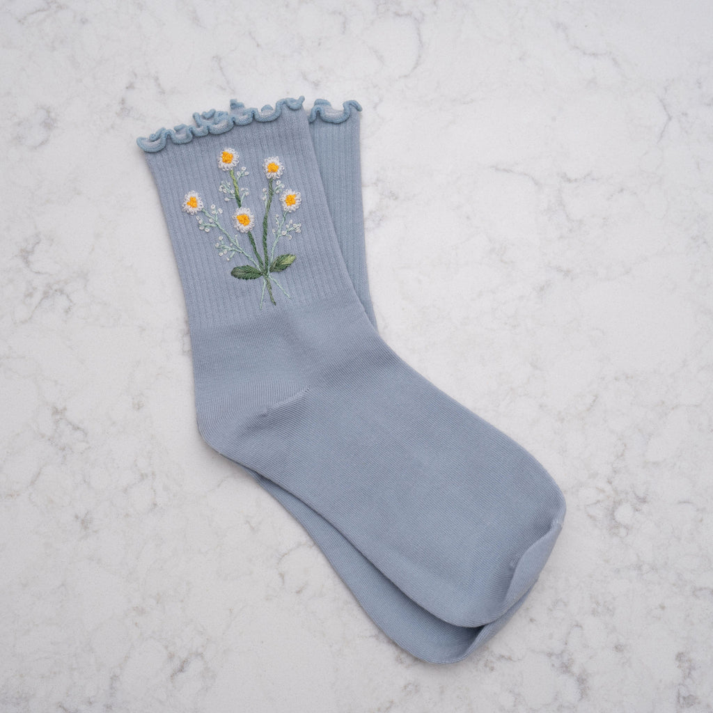 Slate Blue Ruffle Socks with Daisies