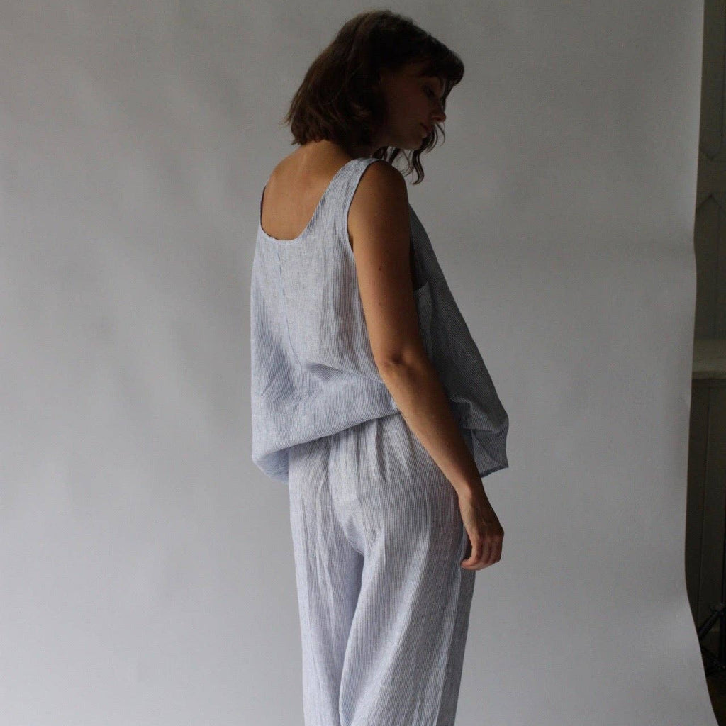 Back of Indigo Stripe Linen Sleeveless Top