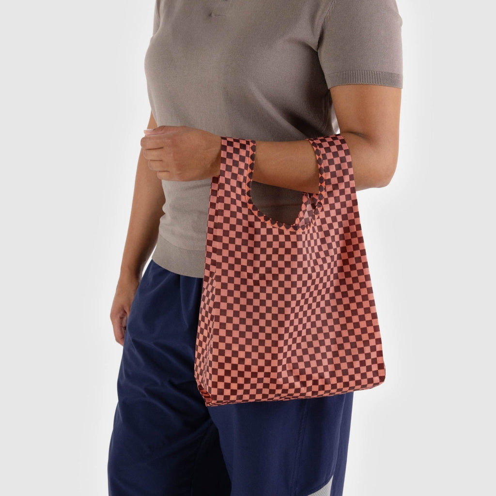 Baggu Baby Reusable Tote Bag in Pink and Brown Checkered at Golden Rule Gallery