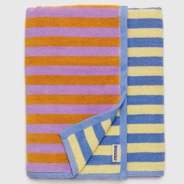 Baggu Bath Towel Organic Orange Pink Blue Yellow Hotel Stripe at Golden Rule Gallery