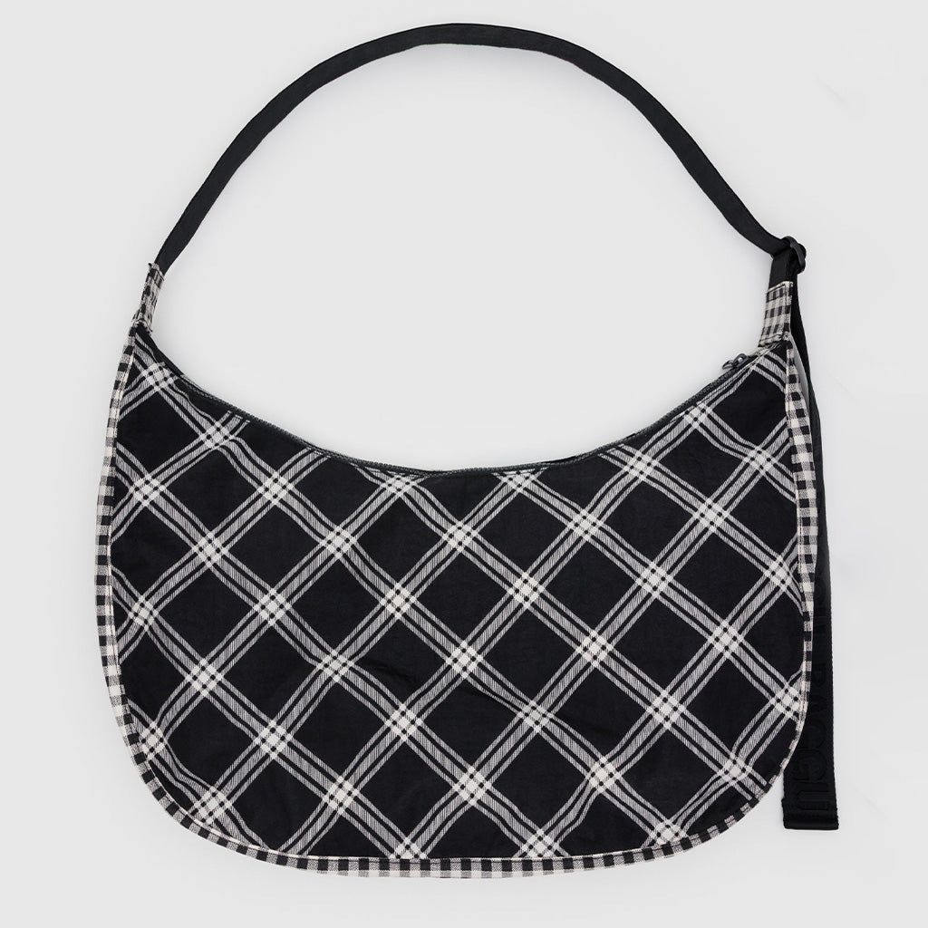 Baggu Black and White Mixed Plaid Large Crescent Bag at Golden Rule Gallery