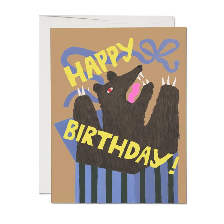 Birthday card with bear illustration and 'Happy Birthday!' text on a brown background
