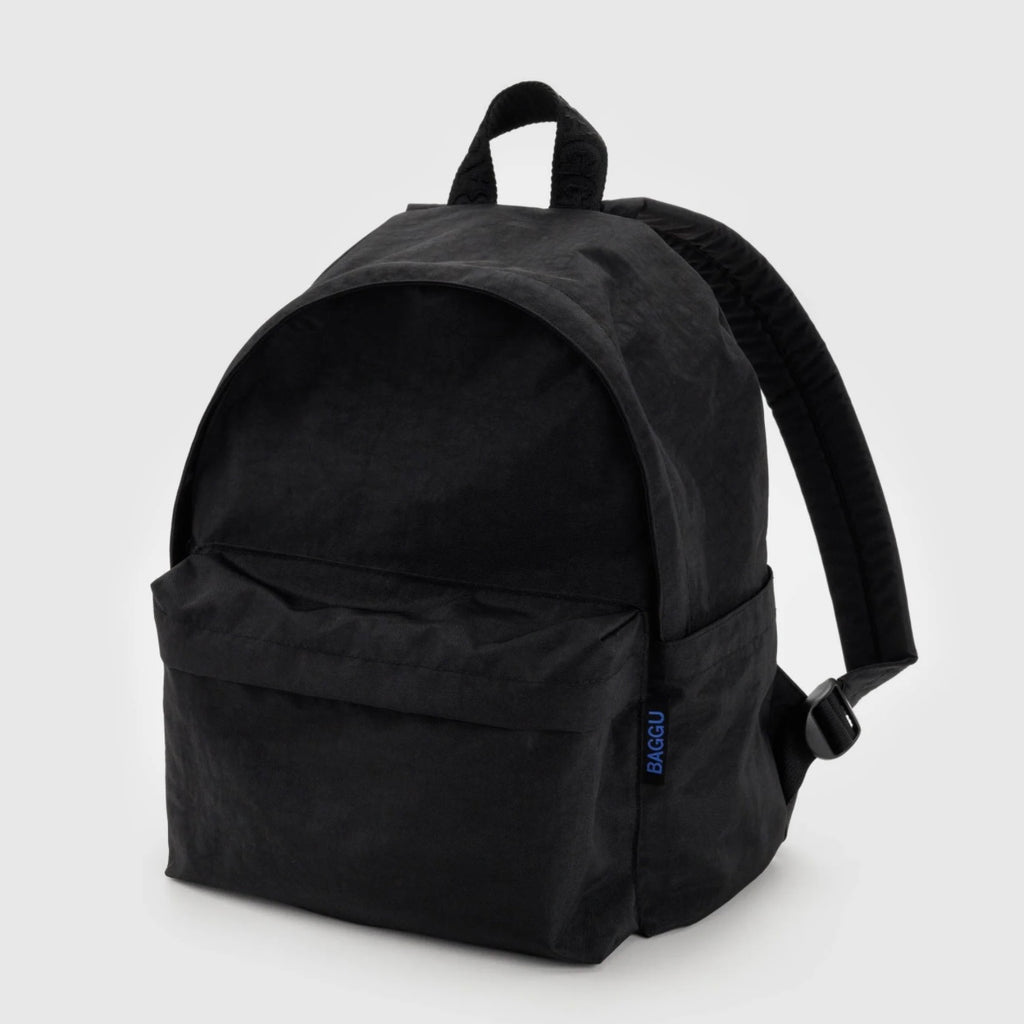 Black Baggu Medium Nylon Backpack With Exterior Pocket Zipclosure at Golden Rule Gallery