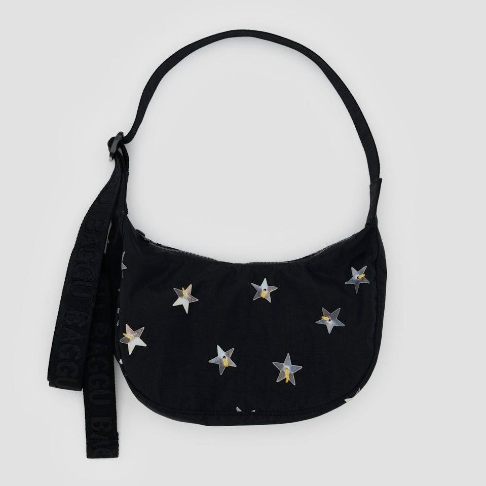 Black Baggu Small Nylon Crescent Bag With Stars at Golden Rule Gallery