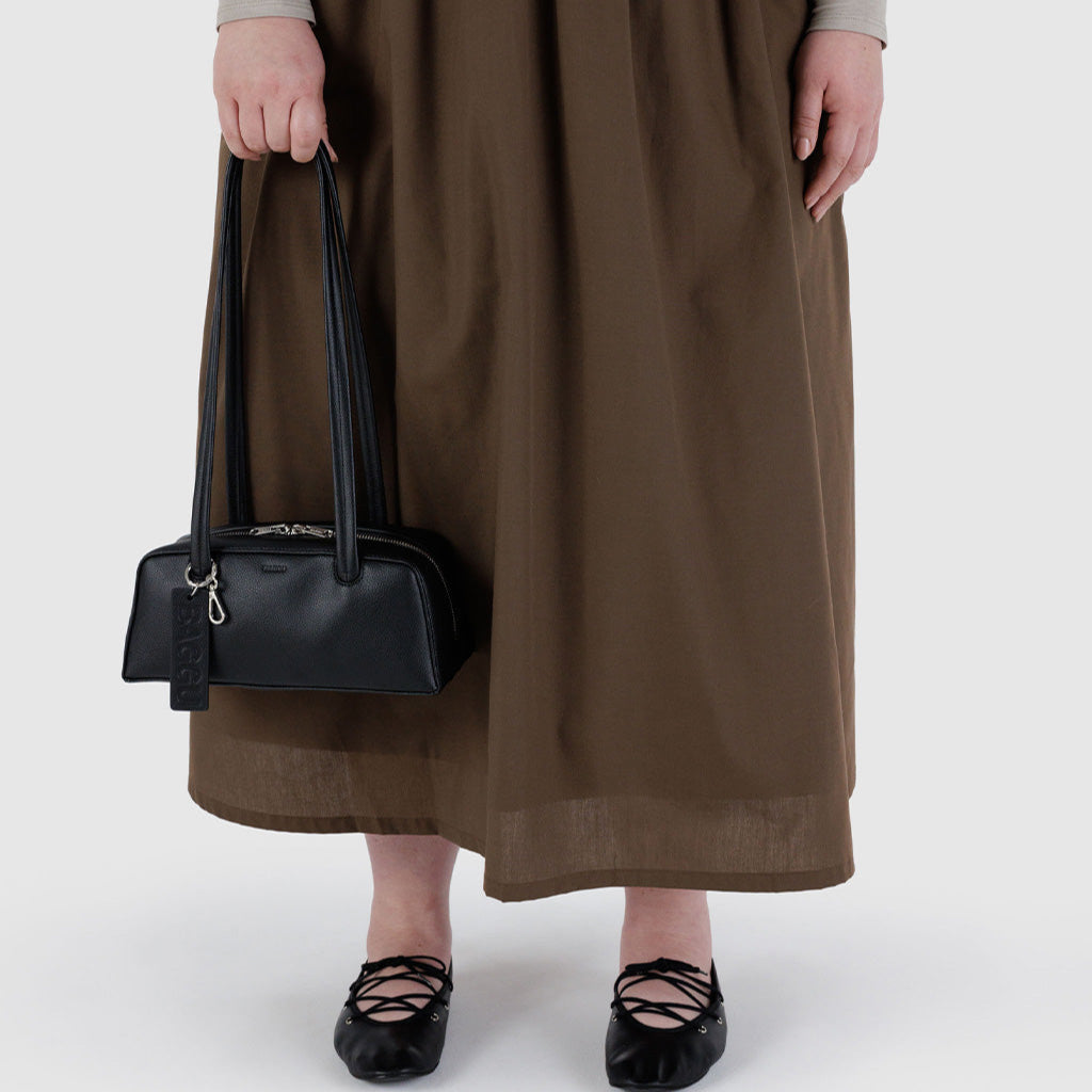 Black Recycled Leather Small Bowler Bag with Long Straps Hand Bag by Baggu at Golden Rule Gallery in Excelsior