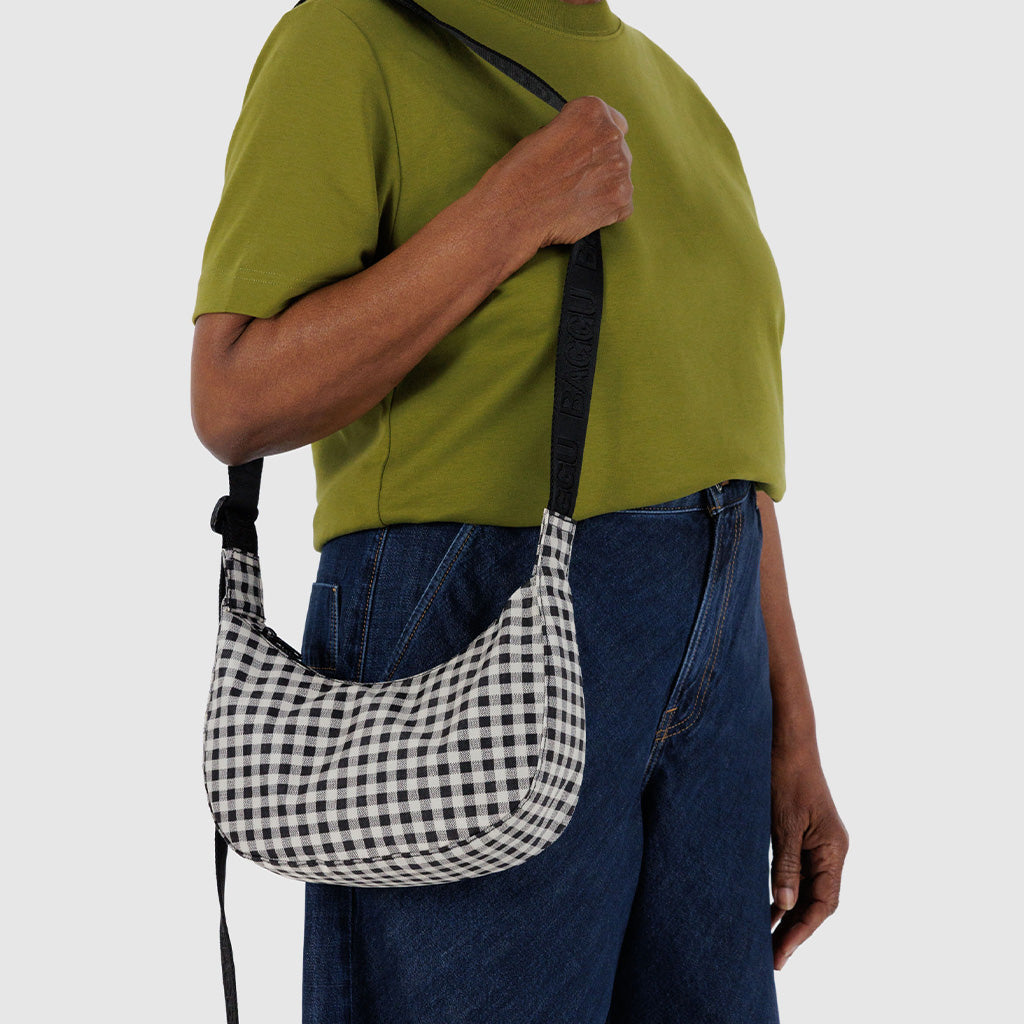 Black and White Gingham Baggu Small Nylon Crescent Bag at Golden Rule Gallery