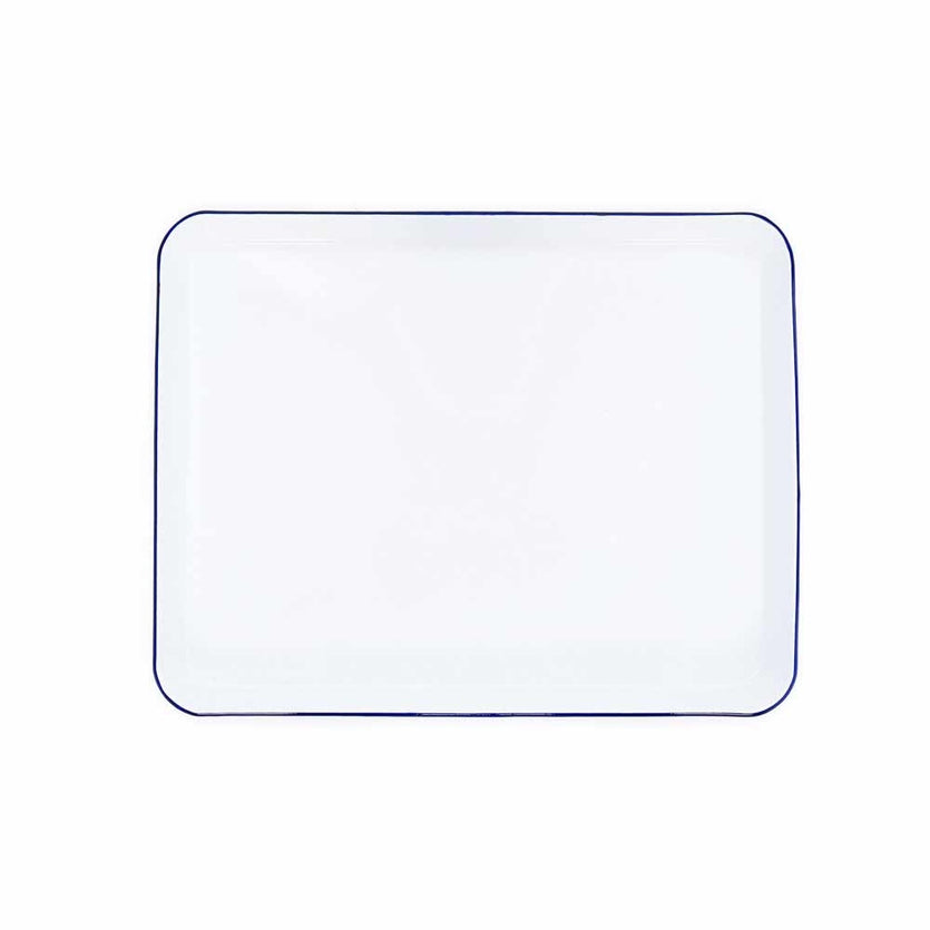 Vintage Blue Rimmed Rectangle Enamel Tray 16 x 12.25" 