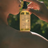 Person holding a bottle of 'Sunset Body Oil' with a blurred green background
