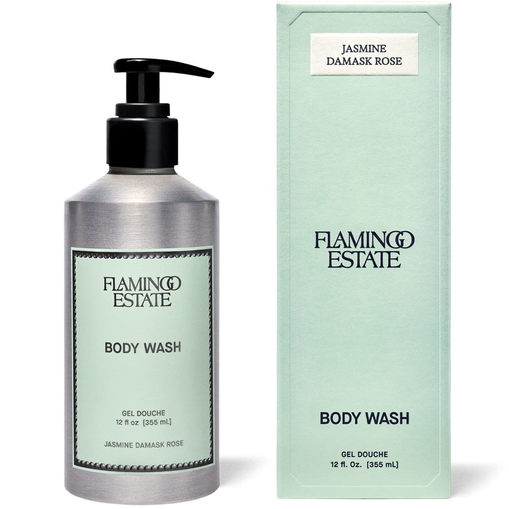 Flamingo Estate body wash bottle and packaging on a white background