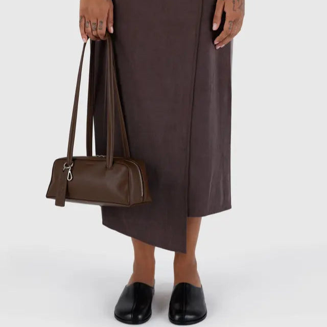 Brown Leather Long Shoulder Bag Bowler Bag by Baggu at Golden Rule Gallery
