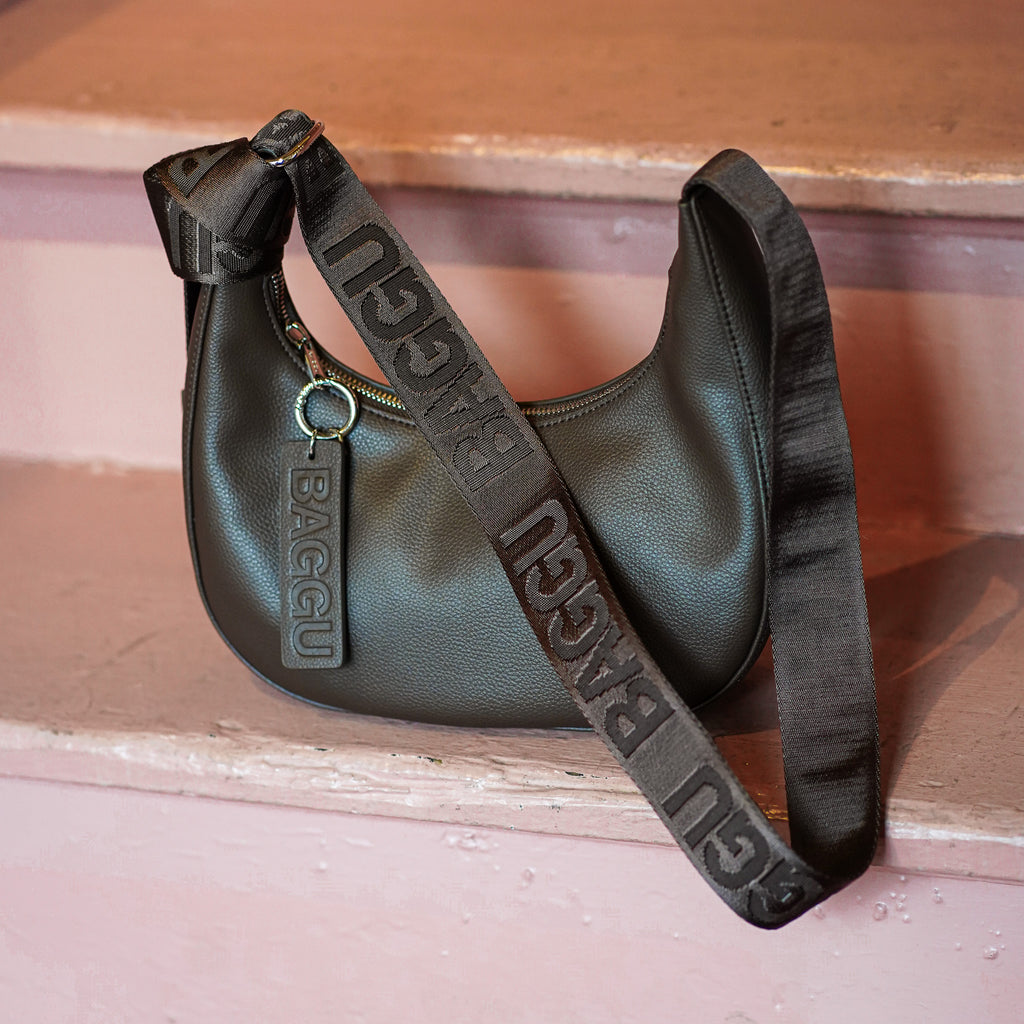 Brown Leather Small Crescent Bag By Baggu at Golden Rule Gallery