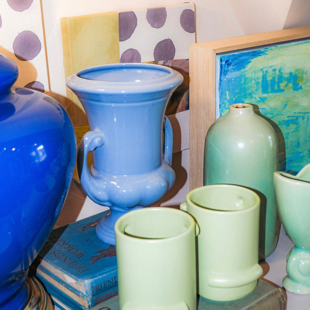 Vintage Ceramic Pottery Blue Trophy Vase