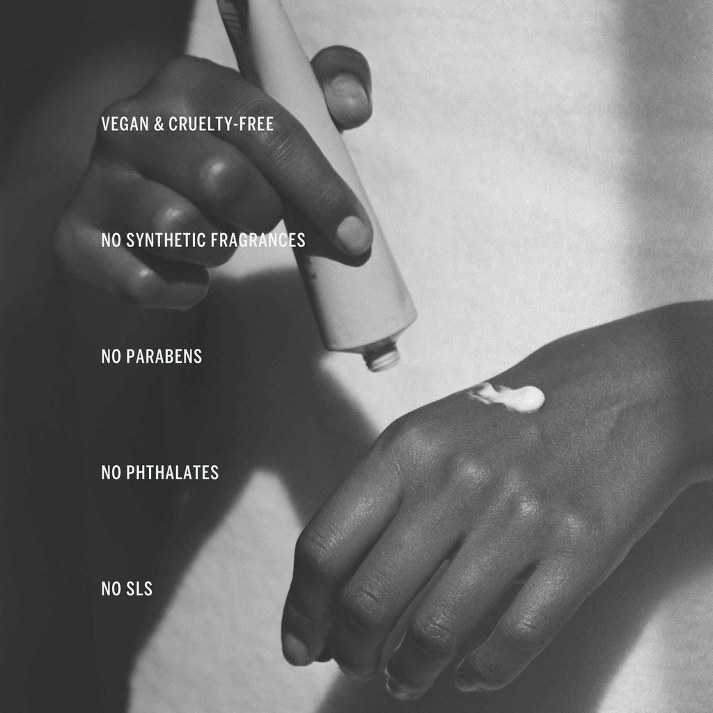 Person applying cream to a hand with text highlighting CORPUS product attributes.