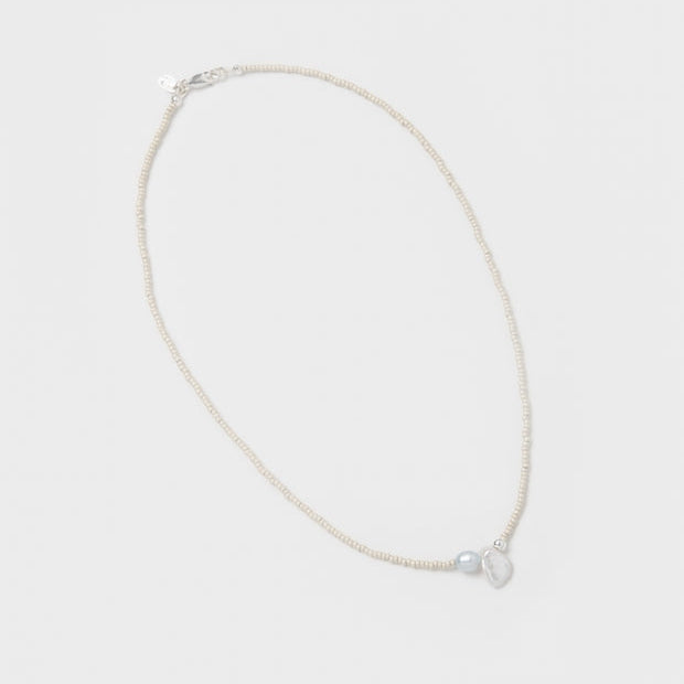 Cream Beaded Necklace With Freshwater Pearls and 925 Sterling Silver Bead