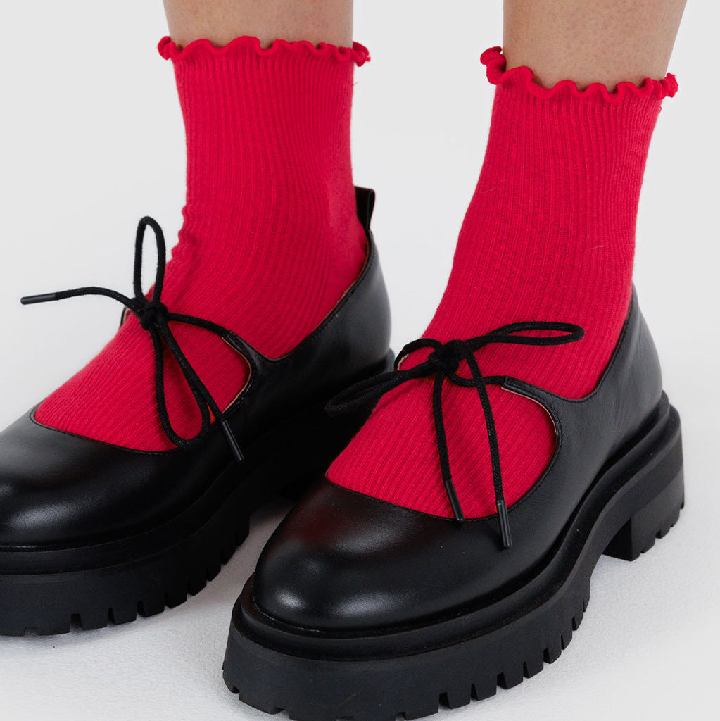 Candy Apple Red Baggu Lettuce Edge Ruffle Socks at Golden Rule Gallery