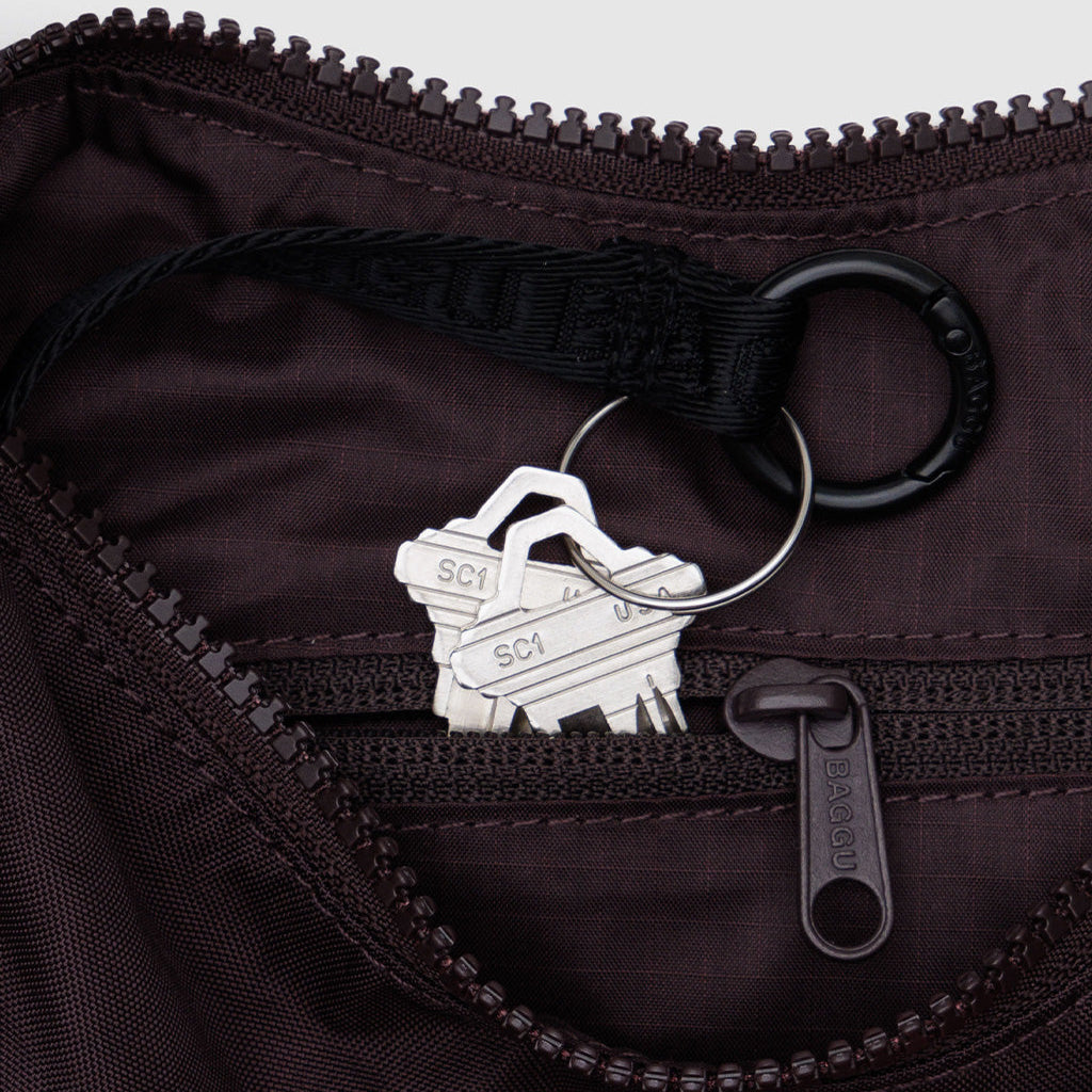 Chocolate Plum Small Nylon Crescent Bag with Key Loop By Baggu at Golden Rule Gallery