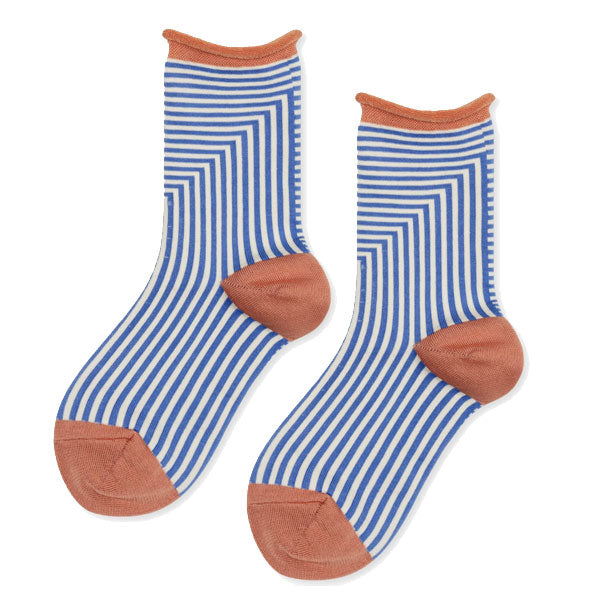 Corbusier Crew Socks in Cornflower Blue and Orange at Golden Rule Gallery