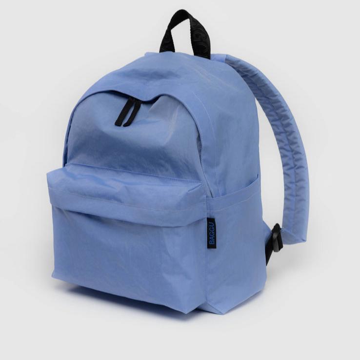 Cornflower Blue Baggu Medium Nylon Backpack With Exterior Pocket Zipclosure at Golden Rule Gallery