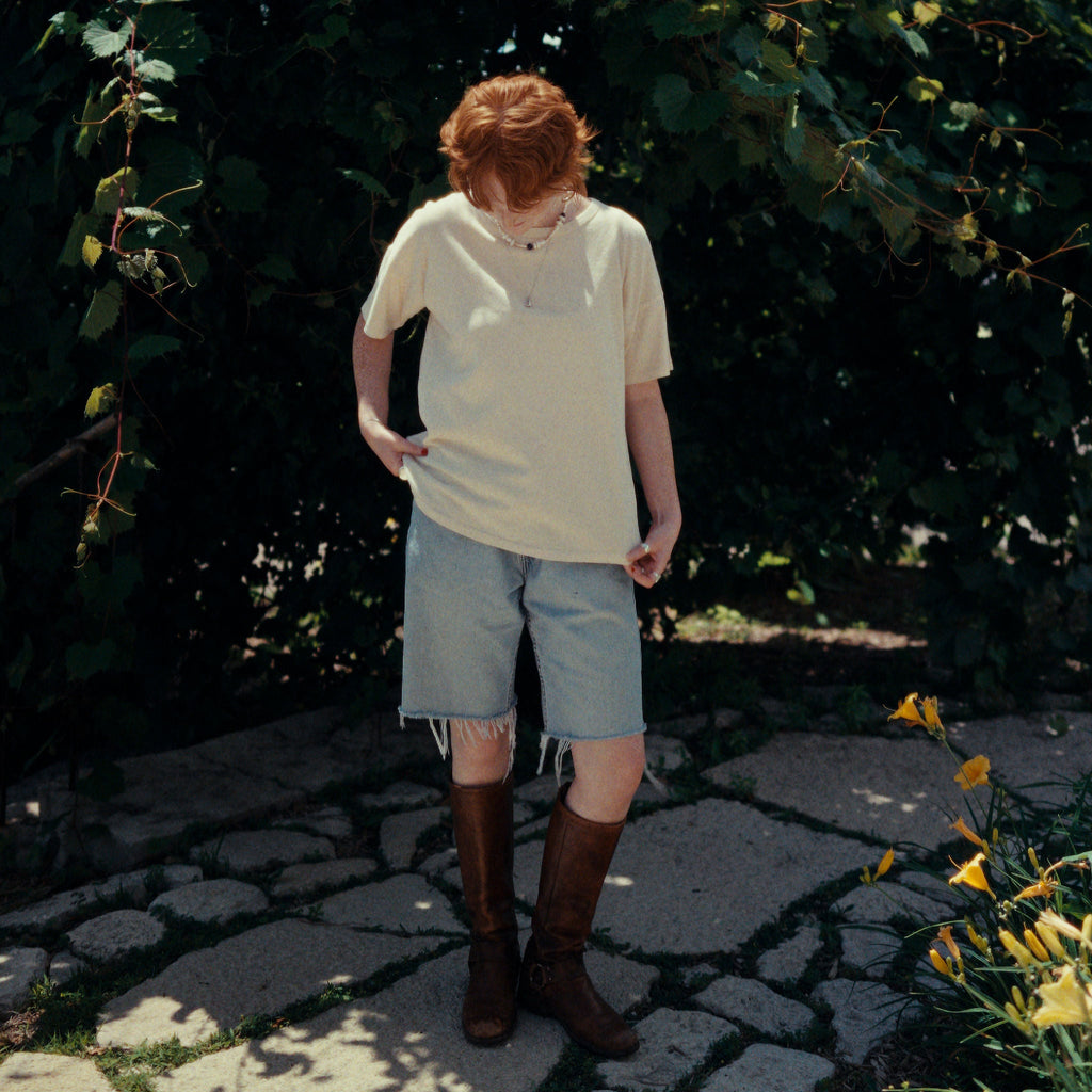 Cream Colored Relaxed Tee Shirt by Le Bon Shoppe at Golden Rule Gallery